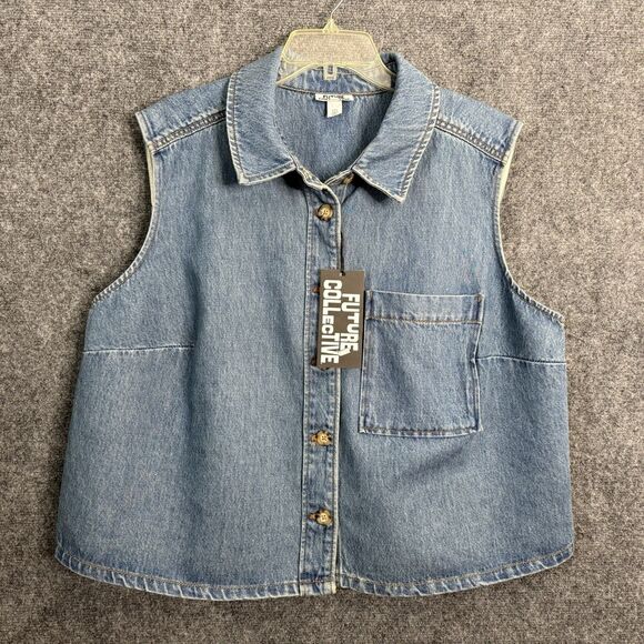 Future Collective Denim Sleeveless Shirt Women XXL Chest Pocket Cotton NWT - Picture 1 of 9